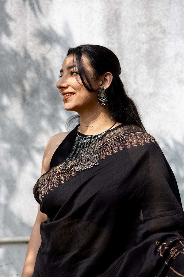 'CHAITANYA: Black' Ajrakh Maheshwari Handloom Saree