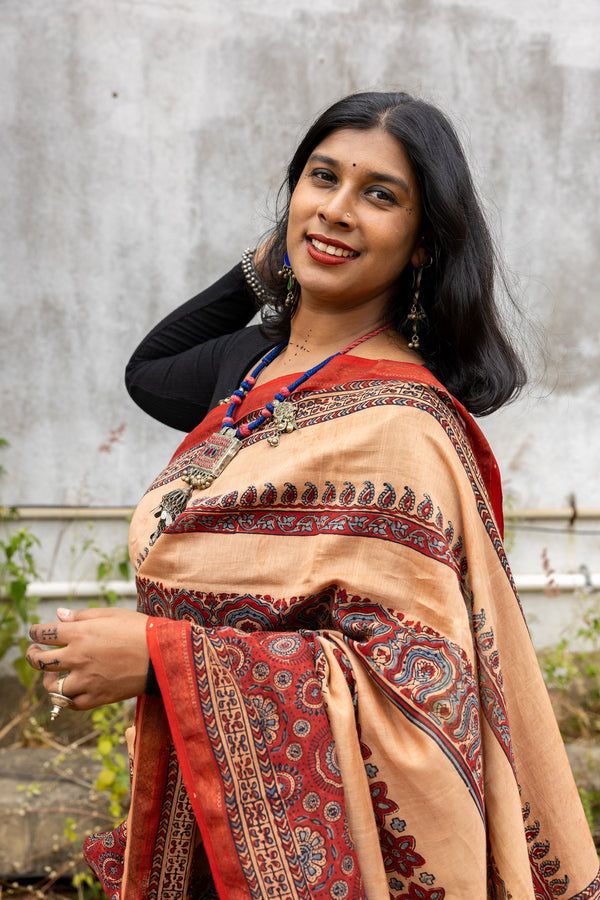 'DURGAWATI: Red' Ajrakh on handwoven Maheshwari