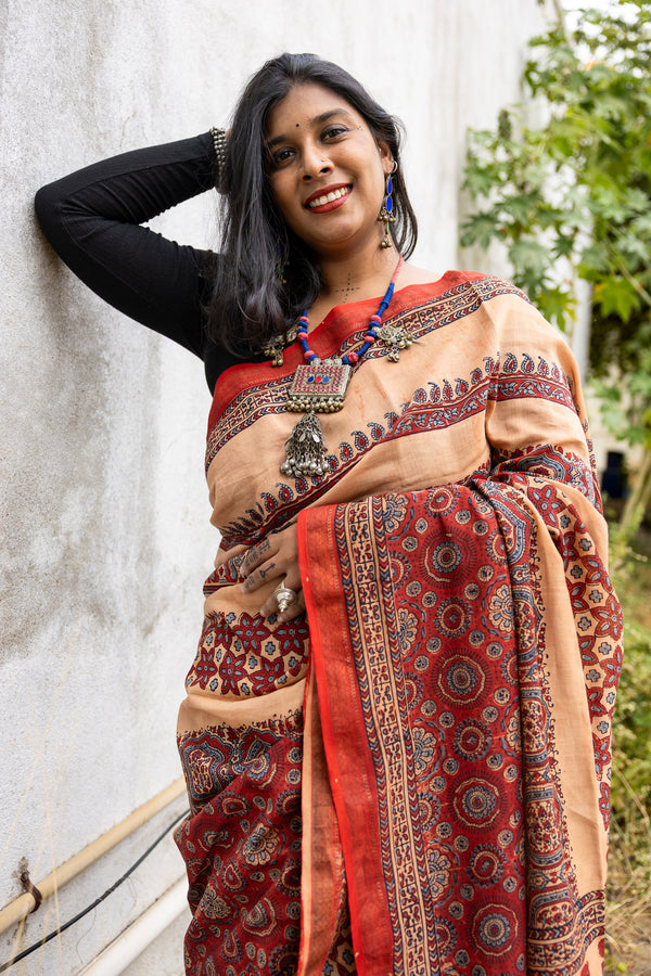 'DURGAWATI: Red' Ajrakh on handwoven Maheshwari