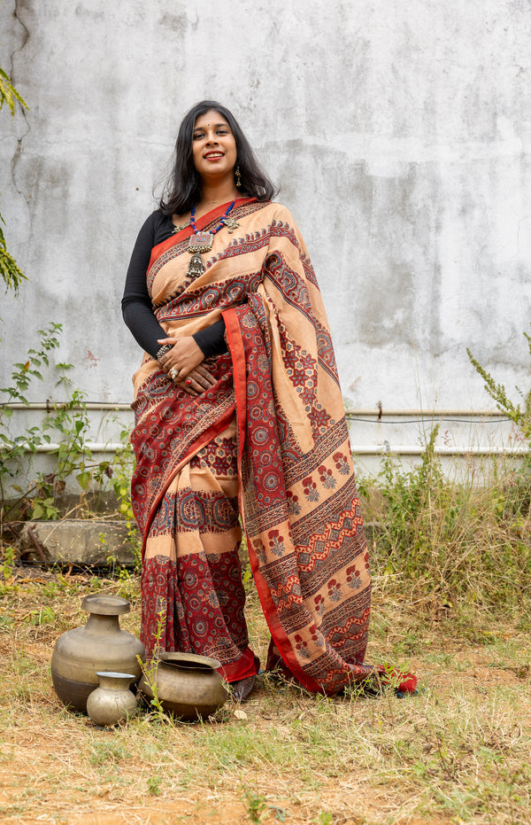 'DURGAWATI: Red' Ajrakh on handwoven Maheshwari