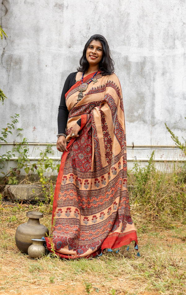 'DURGAWATI: Red' Ajrakh on handwoven Maheshwari