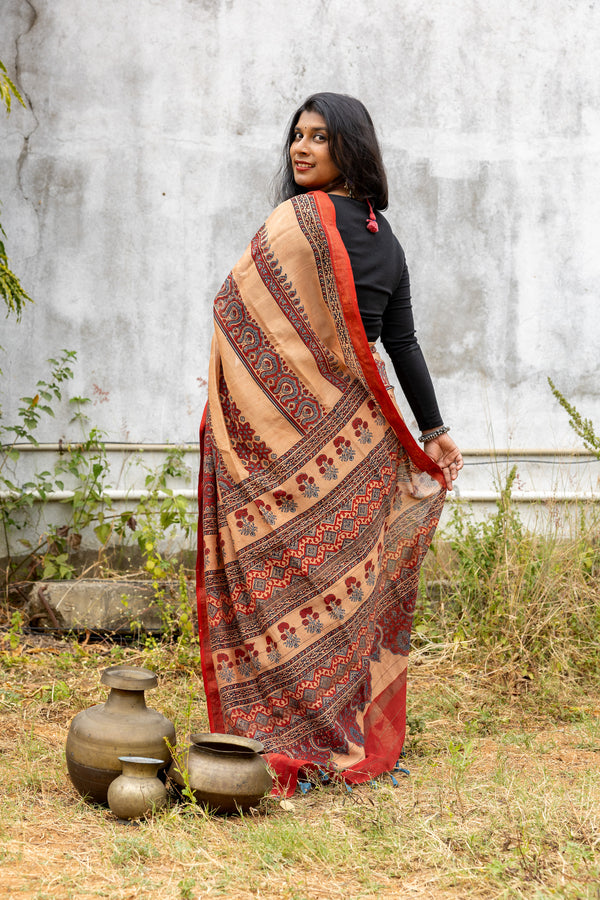 'DURGAWATI: Red' Ajrakh on handwoven Maheshwari