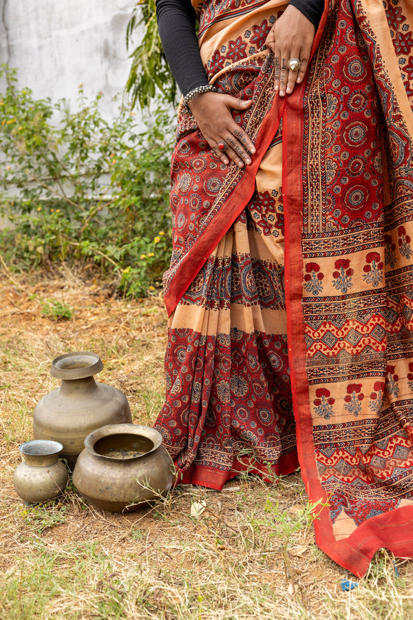 'DURGAWATI: Red' Ajrakh on handwoven Maheshwari