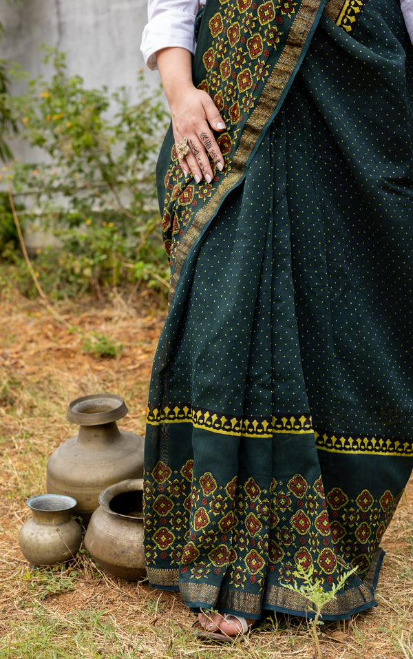 'ANVITA: Green' Ajrakh Maheshwari Handloom Saree