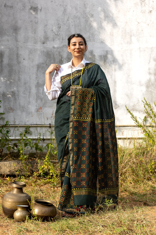 'ANVITA: Green' Ajrakh Maheshwari Handloom Saree