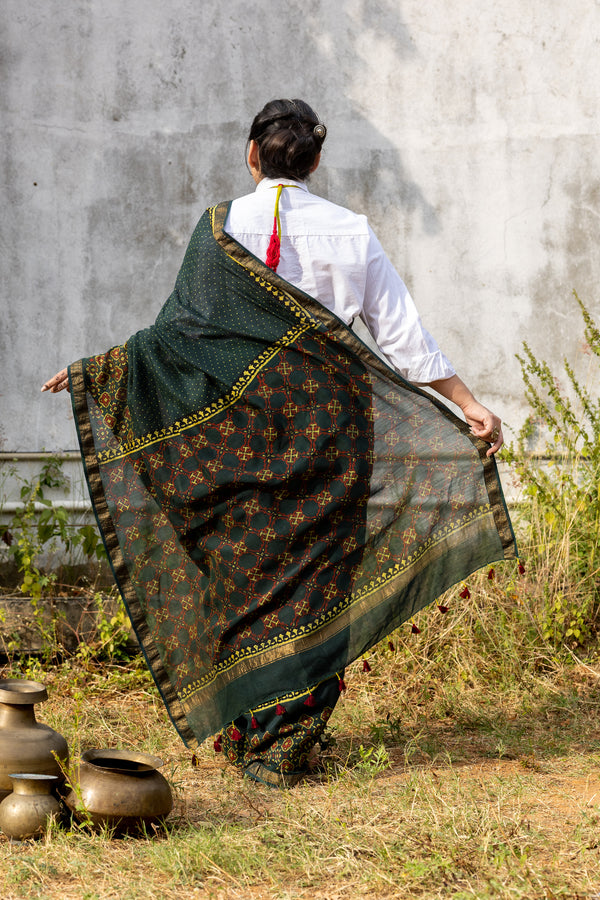 'ANVITA: Green' Ajrakh Maheshwari Handloom Saree