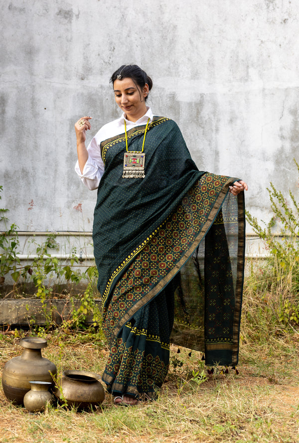 'ANVITA: Green' Ajrakh Maheshwari Handloom Saree