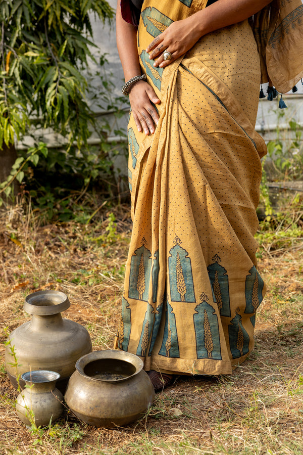 'CHAITANYA: Ochre' Ajrakh Maheshwari Handloom Saree