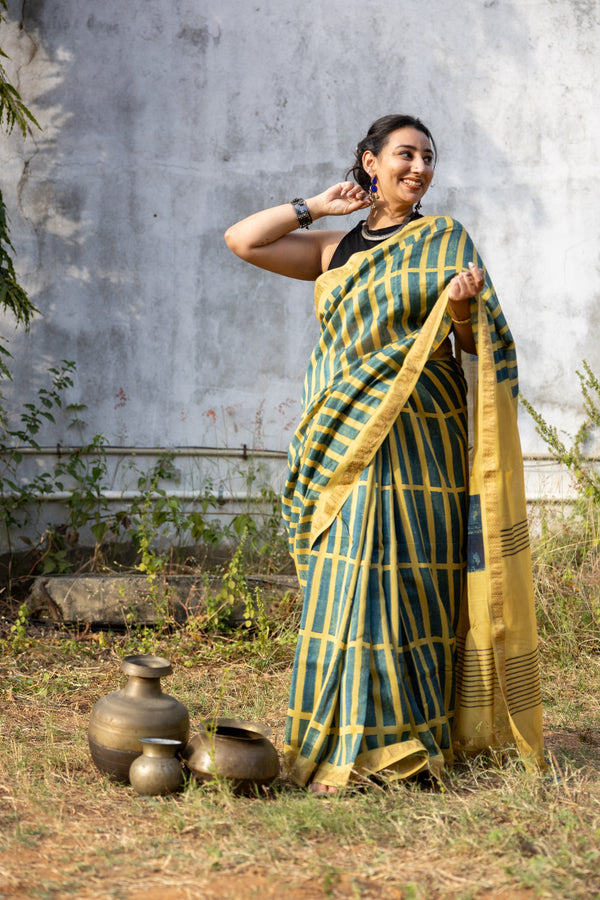 'MANTHAN: Yellow' Ajrakh Maheshwari Handloom Saree