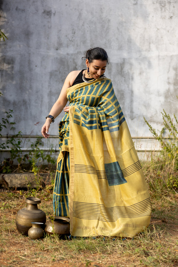 'MANTHAN: Yellow' Ajrakh Maheshwari Handloom Saree