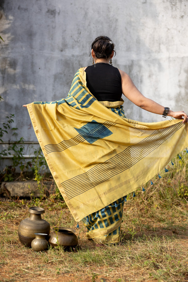 'MANTHAN: Yellow' Ajrakh Maheshwari Handloom Saree