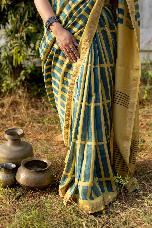 'MANTHAN: Yellow' Ajrakh Maheshwari Handloom Saree