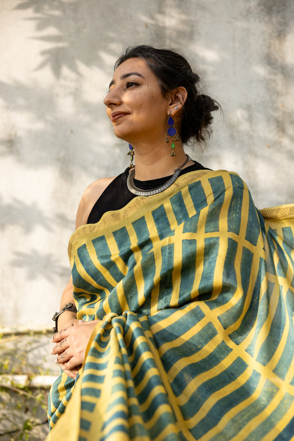 'MANTHAN: Yellow' Ajrakh Maheshwari Handloom Saree