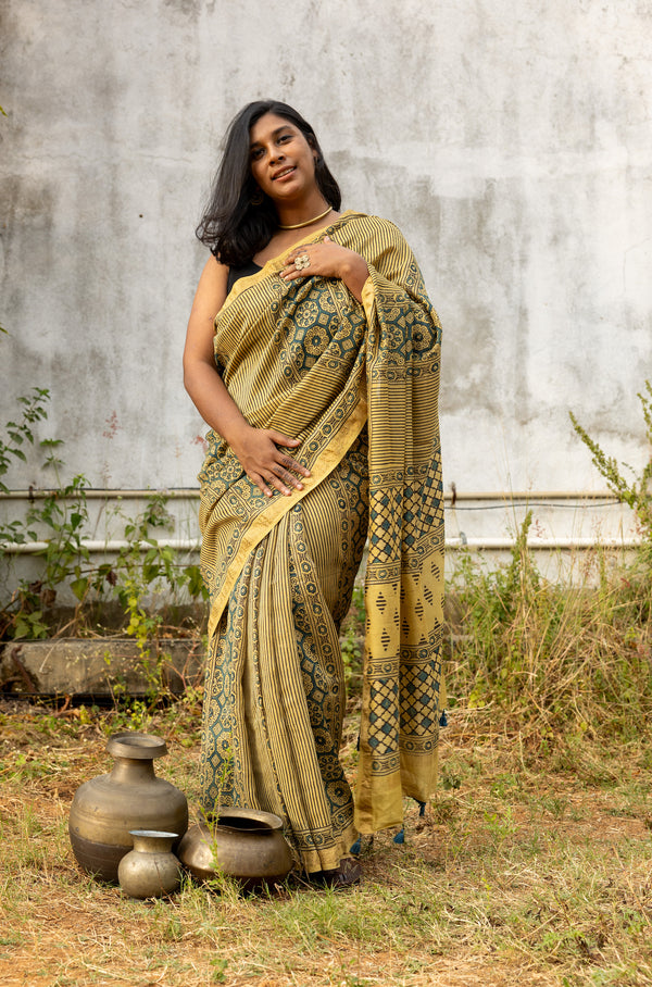 'EKATVA: Yellow' Ajrakh Maheshwari Handloom Saree