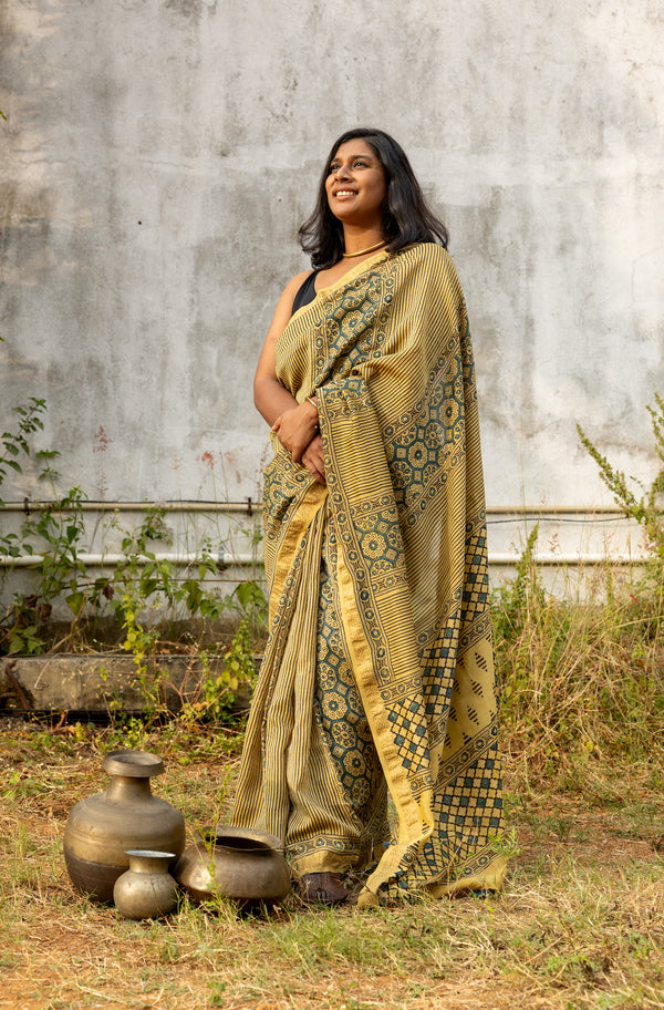 'EKATVA: Yellow' Ajrakh Maheshwari Handloom Saree