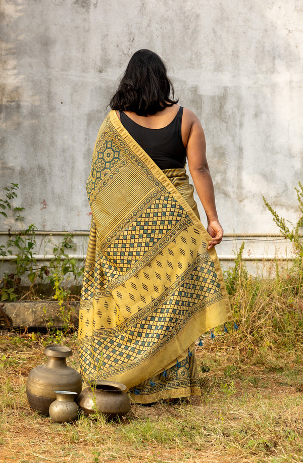 'EKATVA: Yellow' Ajrakh Maheshwari Handloom Saree