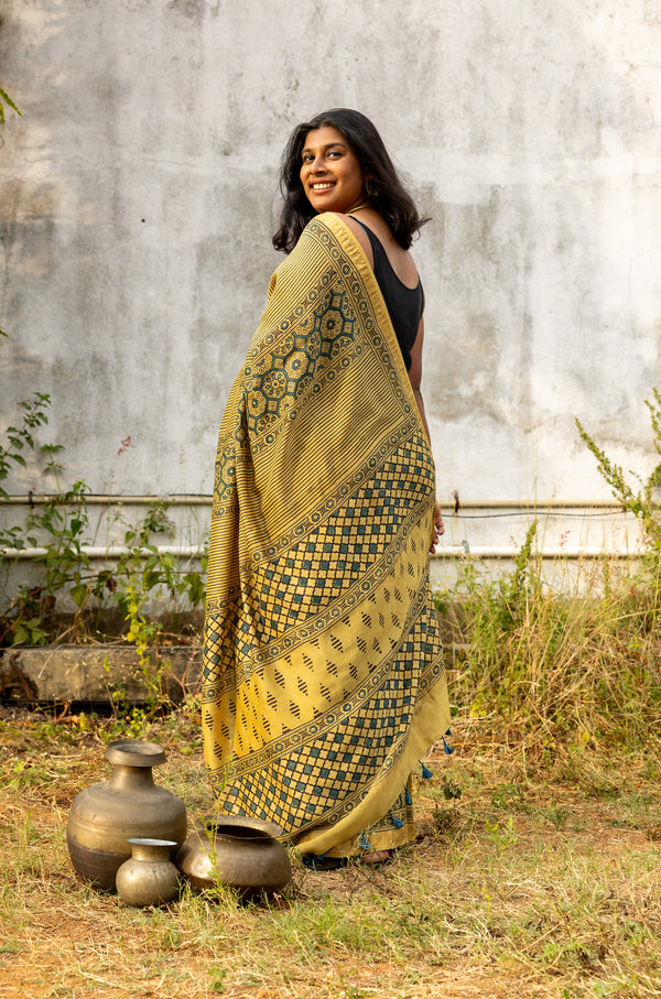 'EKATVA: Yellow' Ajrakh Maheshwari Handloom Saree