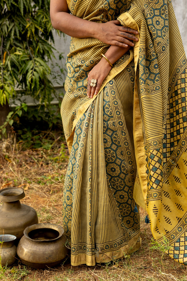 'EKATVA: Yellow' Ajrakh Maheshwari Handloom Saree