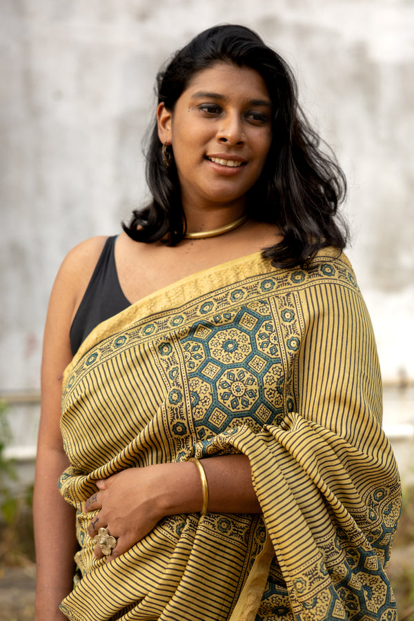 'EKATVA: Yellow' Ajrakh Maheshwari Handloom Saree