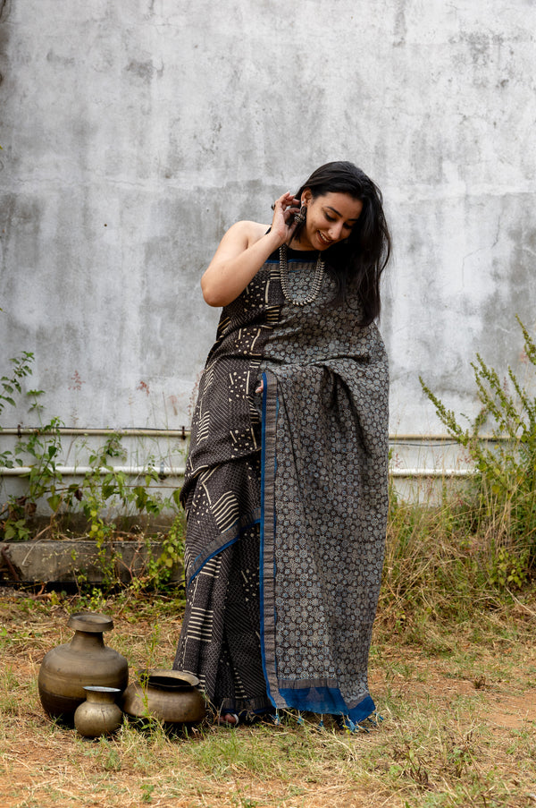 'SAMYAK: Black-Indigo' Ajrakh Maheshwari Handloom Saree