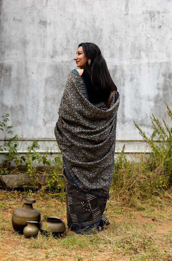 'SAMYAK: Black-Indigo' Ajrakh Maheshwari Handloom Saree