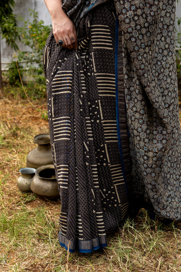 'SAMYAK: Black-Indigo' Ajrakh Maheshwari Handloom Saree