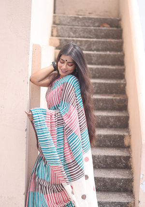 'CORAL CHARM' Hand block printed cotton saree
