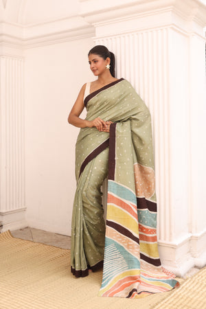 'BRAQUE: Green' Hand-painted Batik on Handwoven Mulberry Silk